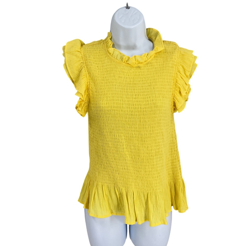 THML Smocked Top Women Size S Yellow Ruffle Boho Peplum Romantic Travel Resort‎